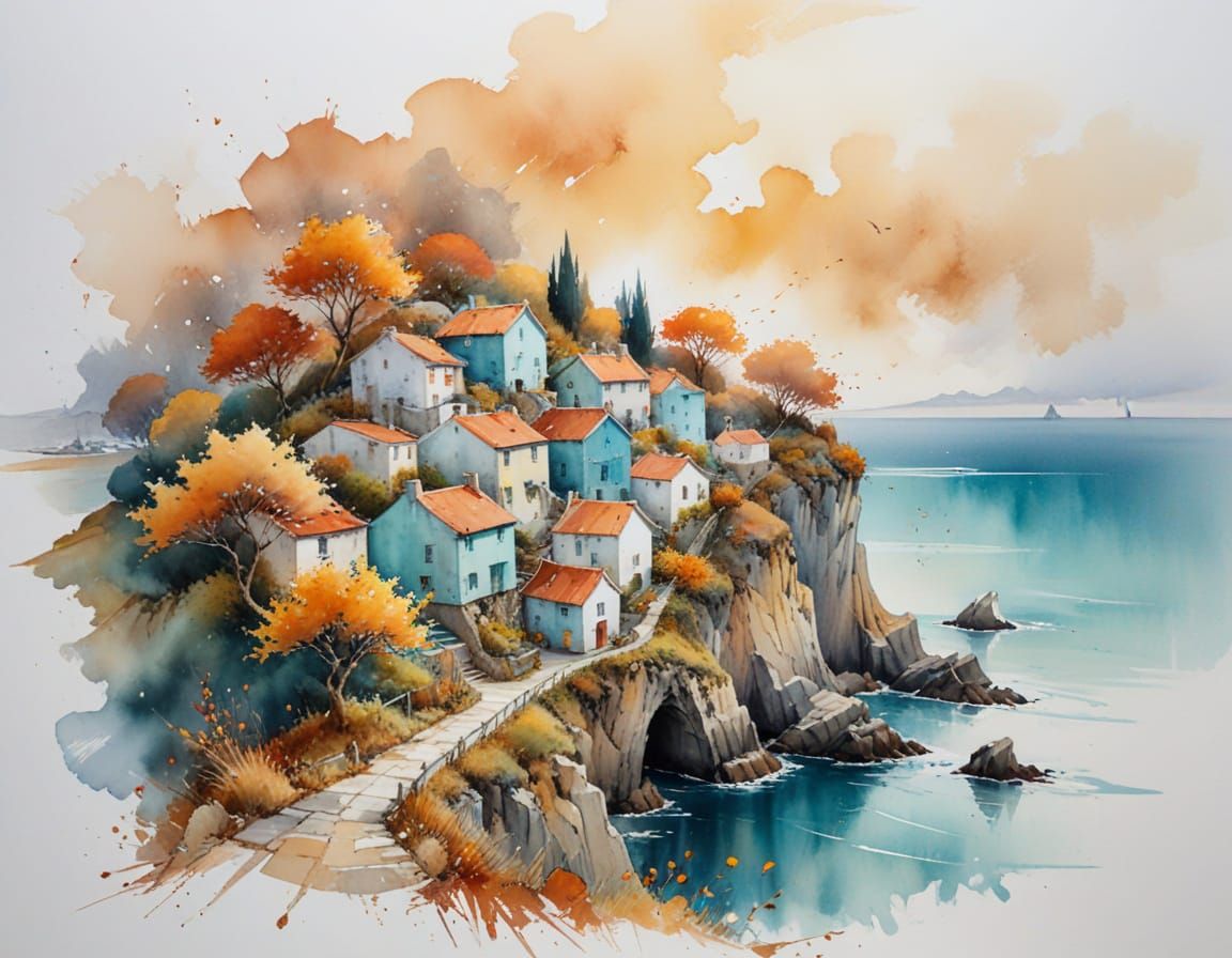 Autumn Village by the Sea in Impressionistic Watercolour Sty...