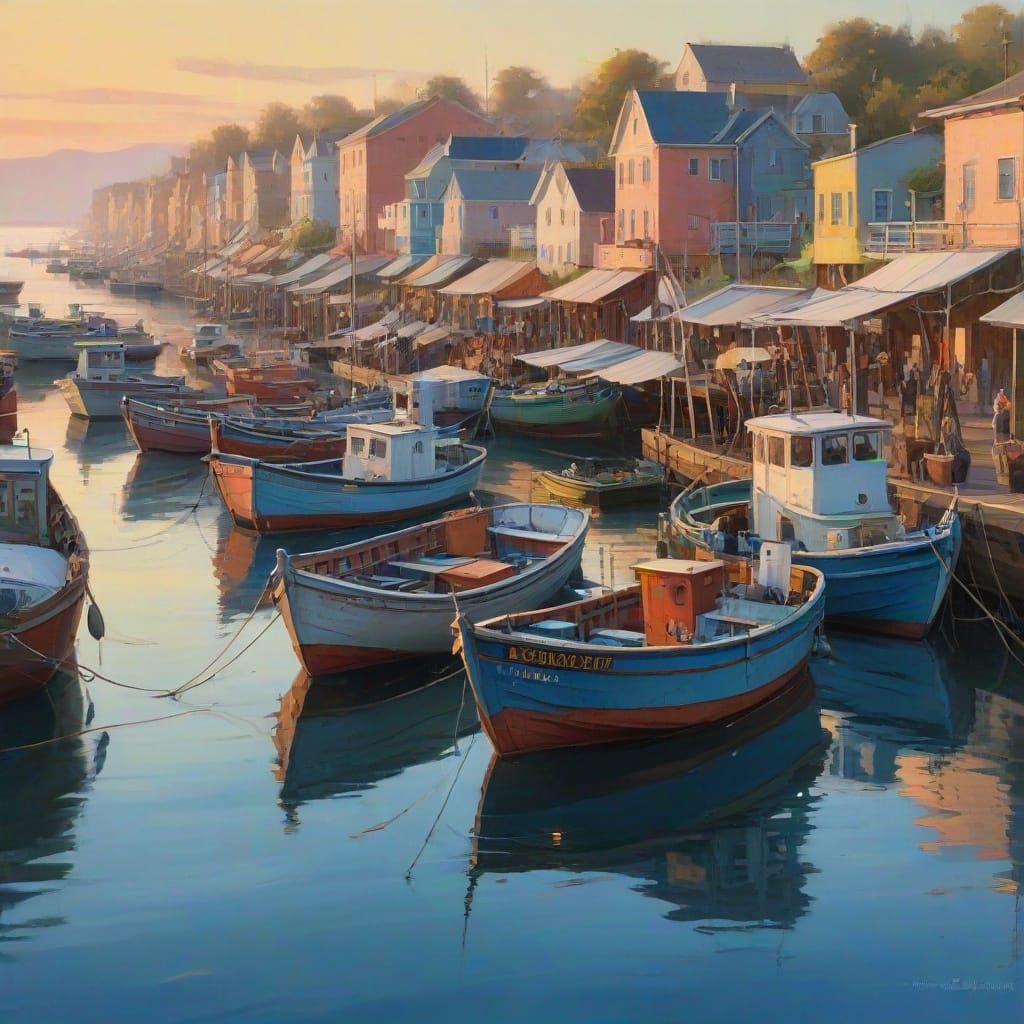 Fishing Boats Return at Dawn: Gouache Painting