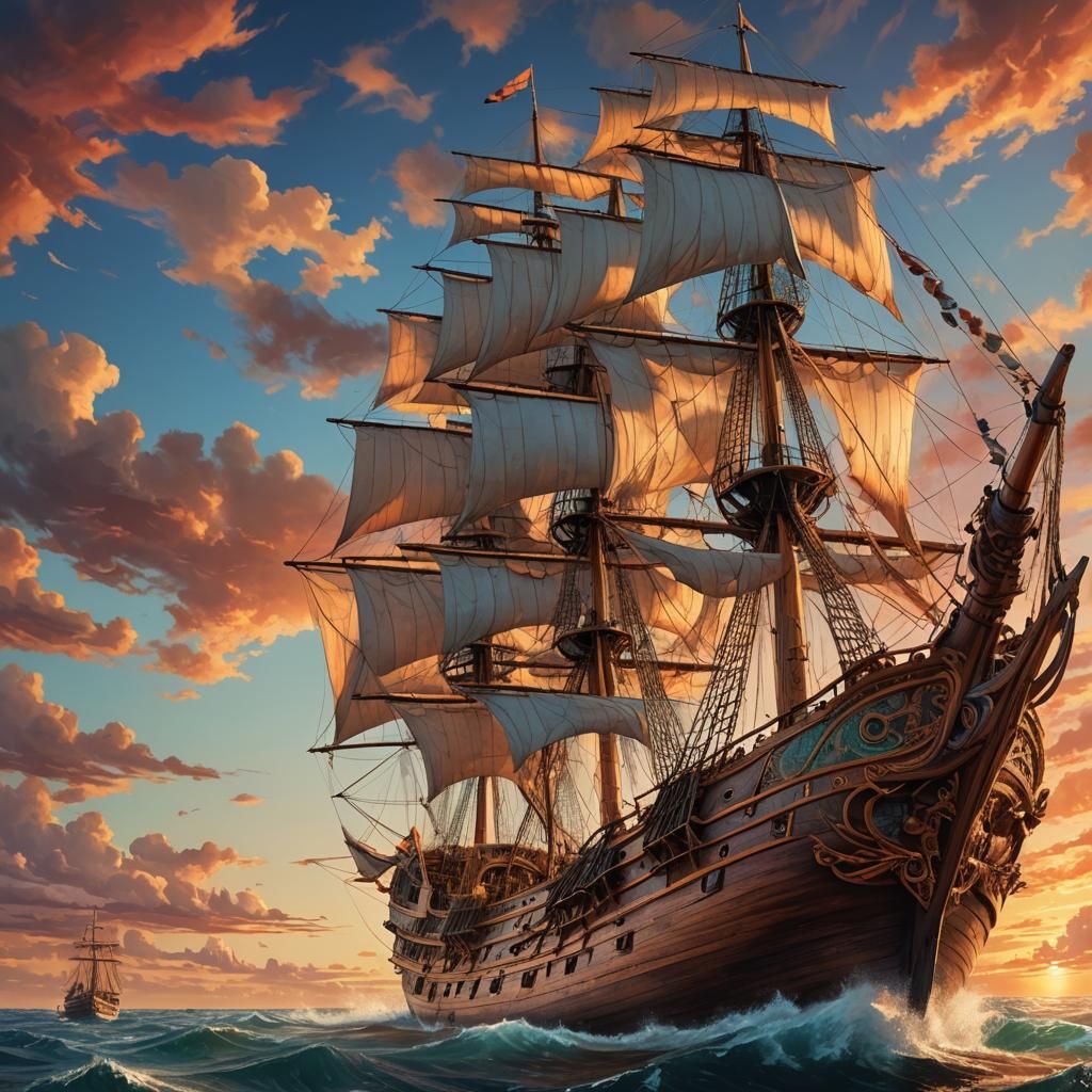 Sailing Ship at Sunset: Hyperrealistic Concept Art