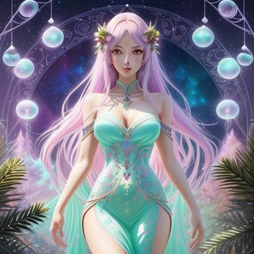 Pastel Watercolor Portrait of Girl with Christmas Decoration...