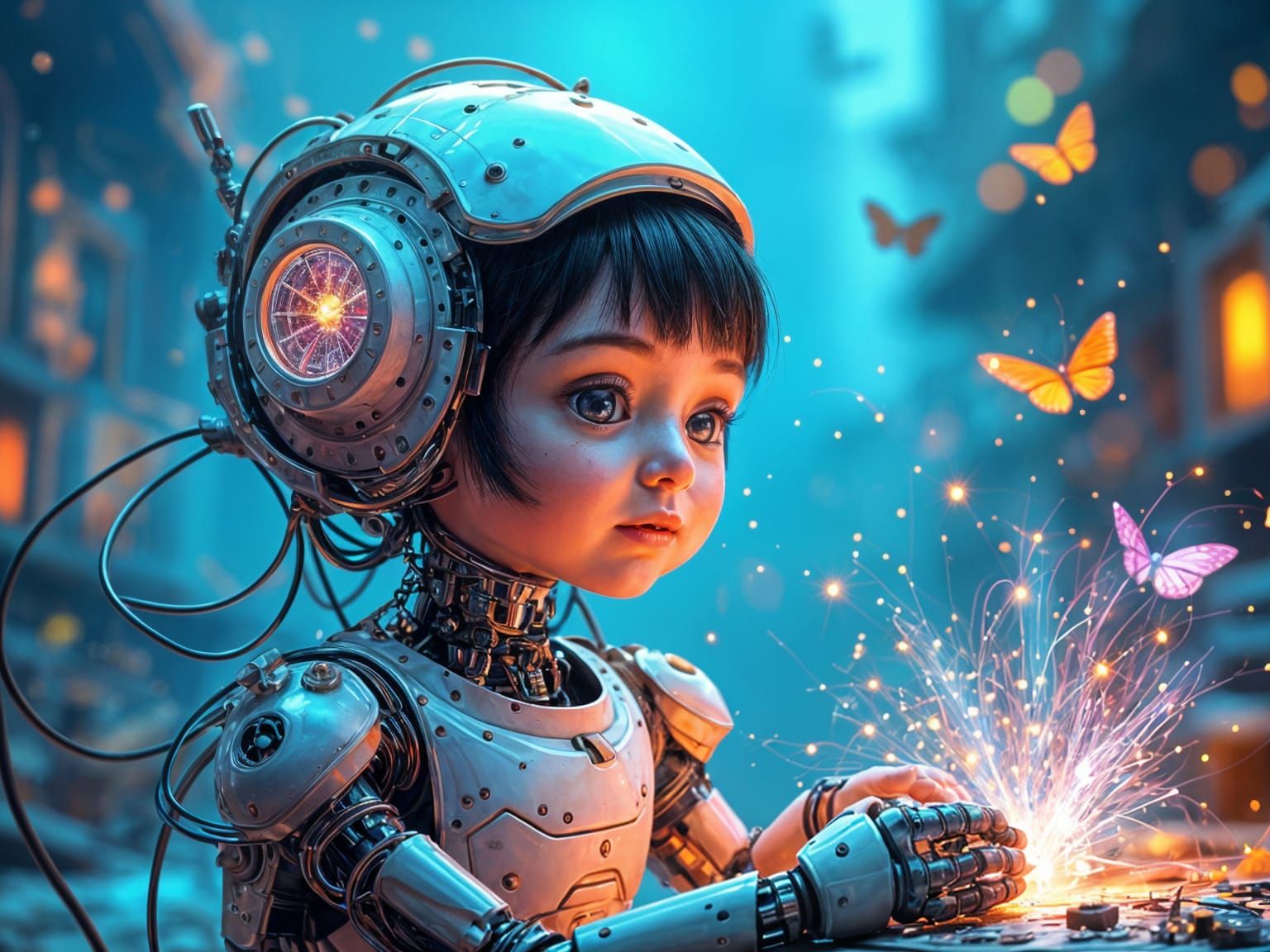 Robot Child Explores Dream-Powered World in Neon Lab