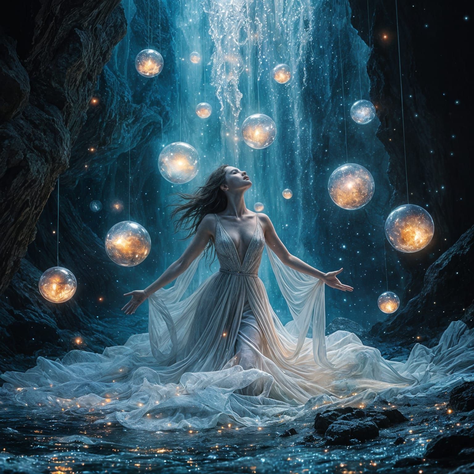 Dancer Beneath Celestial Waterfall of Light