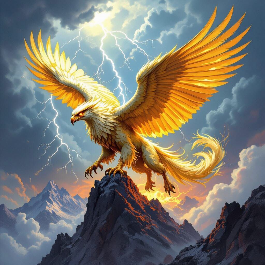 Golden Griffin Soaring Above Stormy Peak