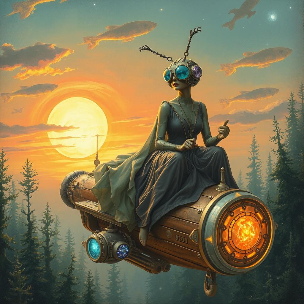 Ethereal Figures Sailing a Steampunk Spaceship
