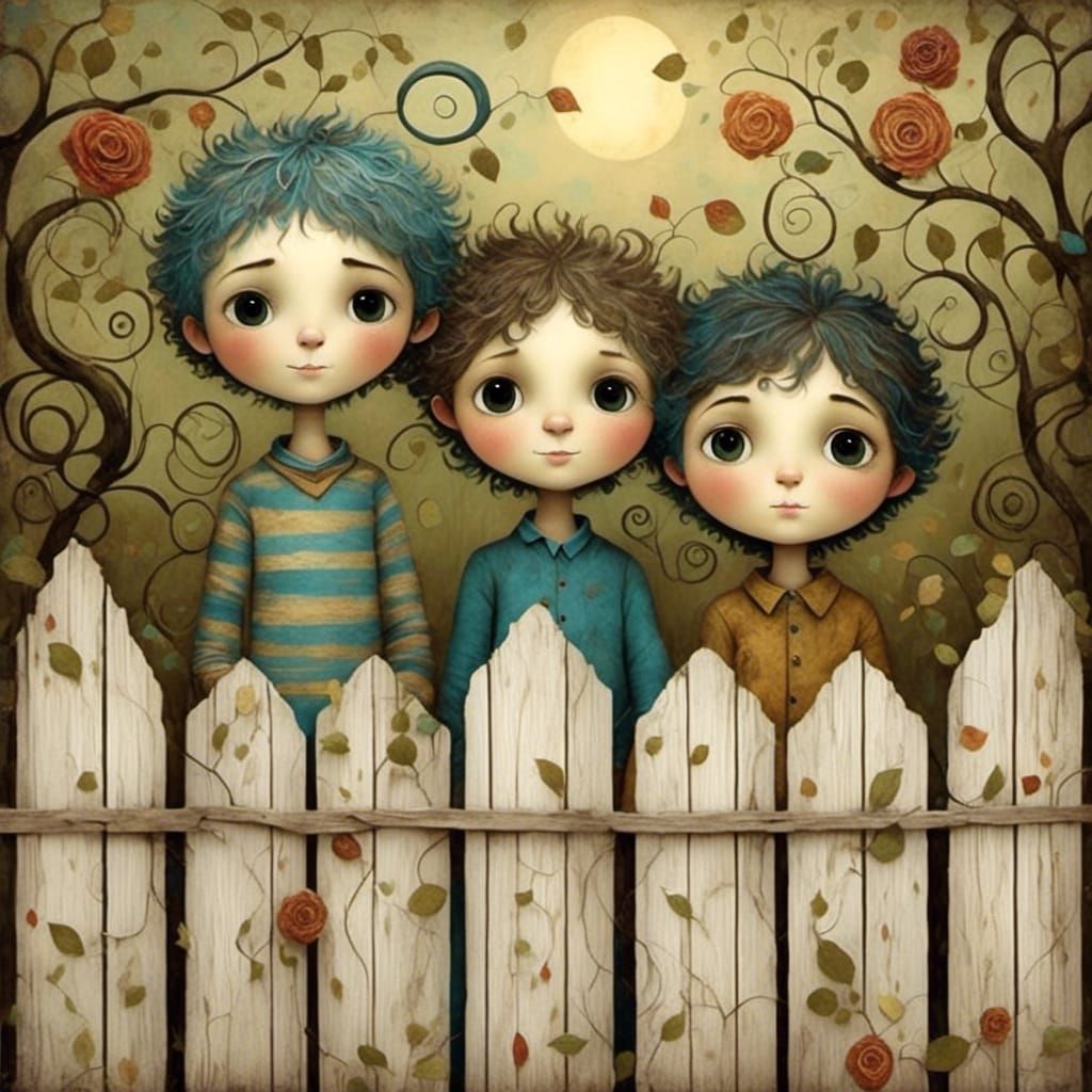 Boys with Mischief Eyes, Art Nouveau Mixed Media