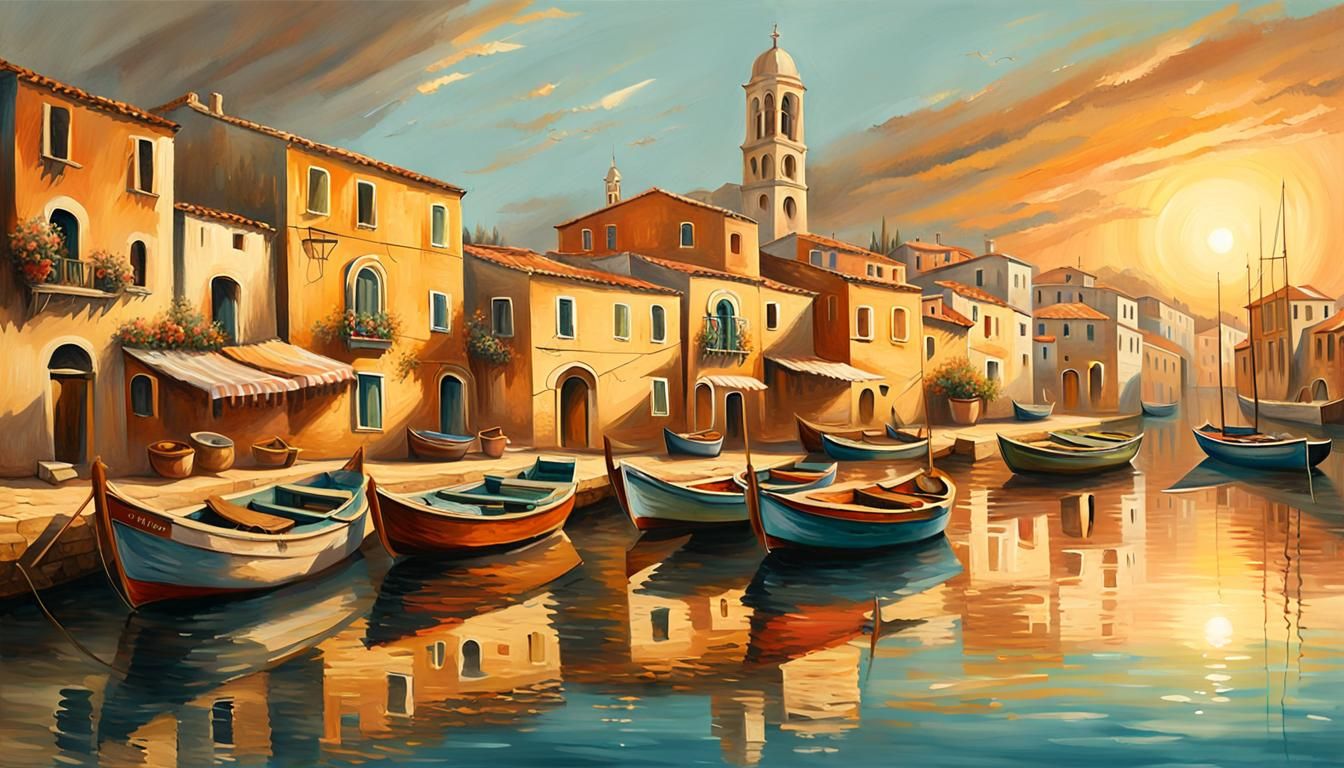 Mediterranean Fishing Village in Pre-Raphaelite Style
