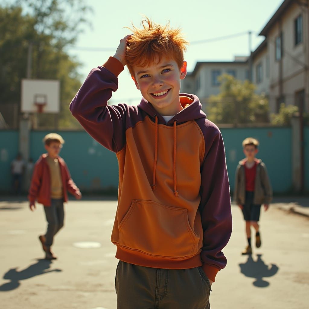 Teenage Boy in Vibrant Orange Hair and Purple Eyes, Lost in ...