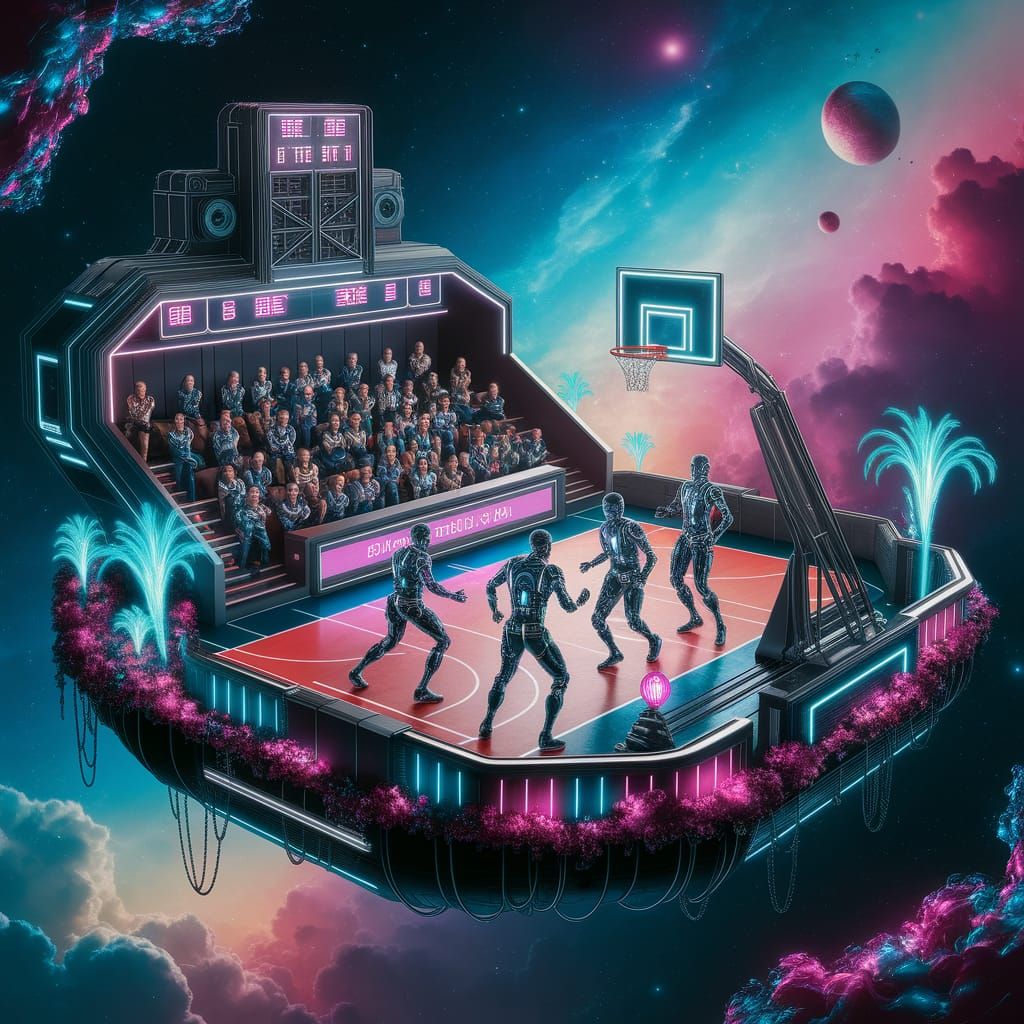 Futuristic Basketball Arena in Nebula, Cyberpunk Art Deco