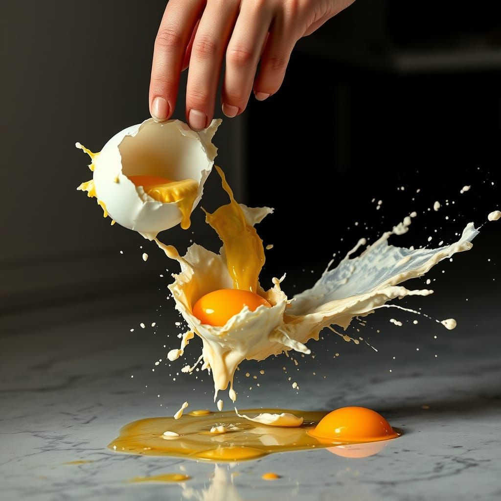 Eggs Smash on Polished Kitchen Floor in Photorealistic Style