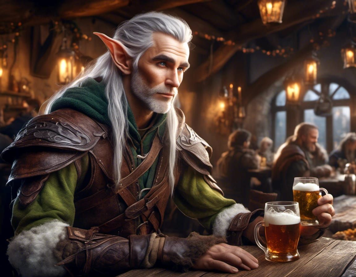 Hyperrealistic Elf Warrior in Tavern Close-Up