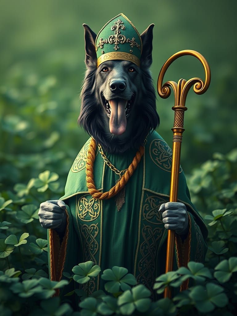 Irish Wolfhound Bishop in Shamrock Field, Oil Painting