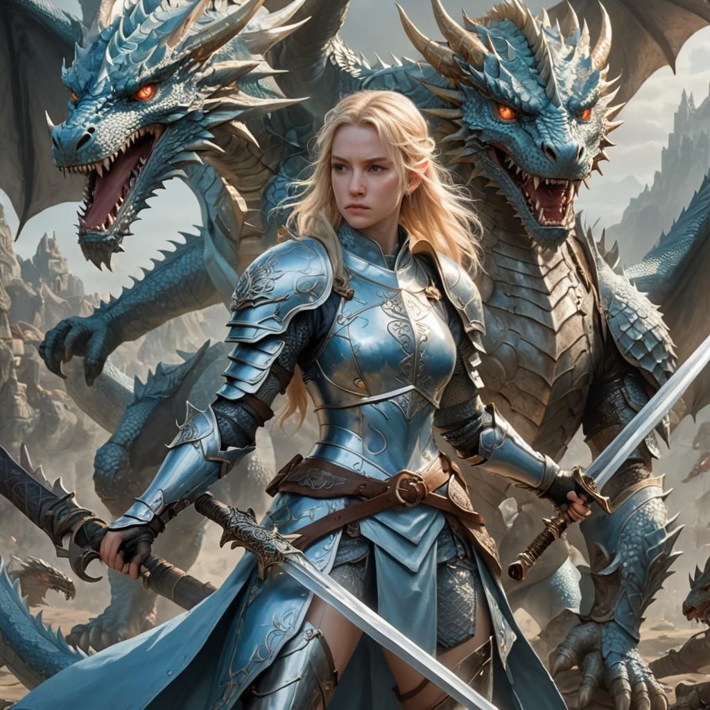 Armored Woman Faces Dragon in Battle