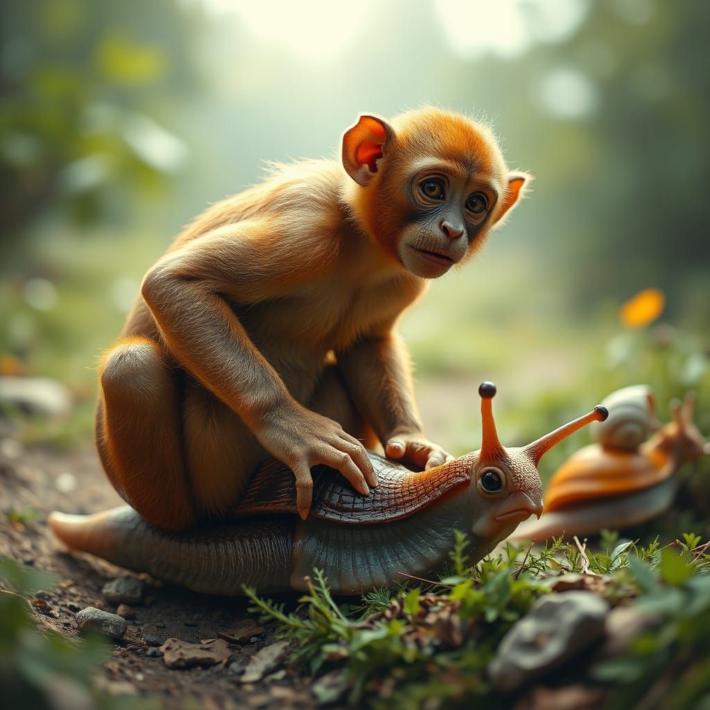 curious monkey ridin' on snail on trail