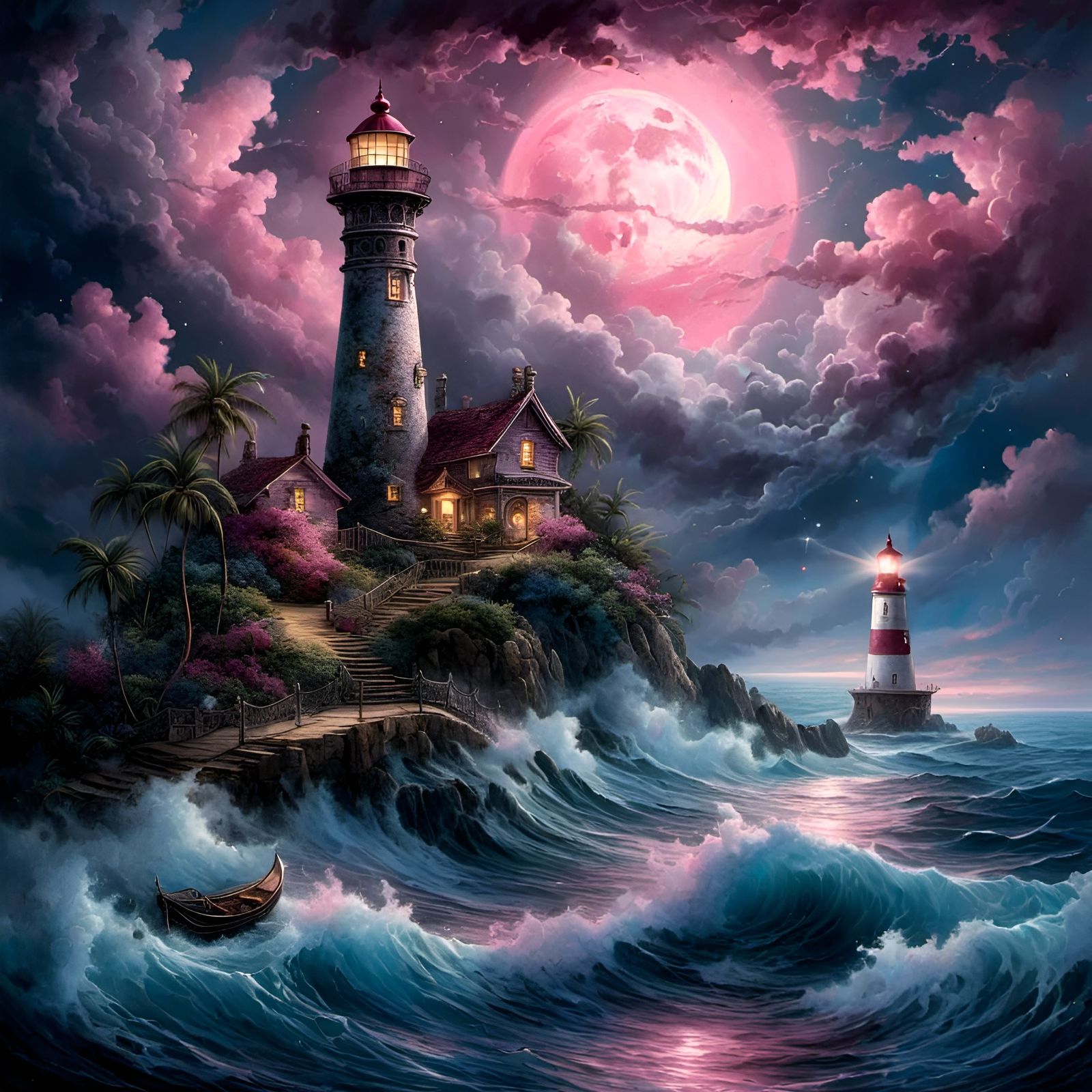 Lighthouse Under Pink Moon with Dark Clouds