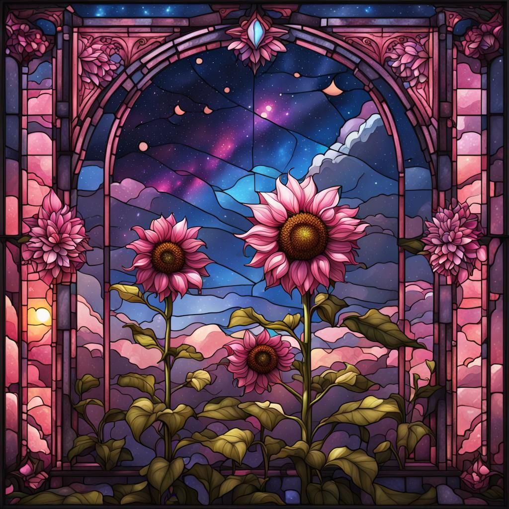 Pink Sunflower Stained Glass Against Starry Sky