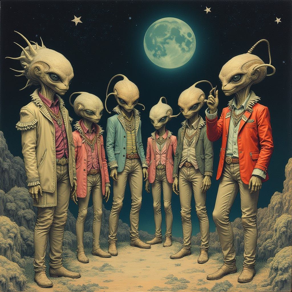 Space Aliens Gathering in Mystical Landscape, Detailed Illus...