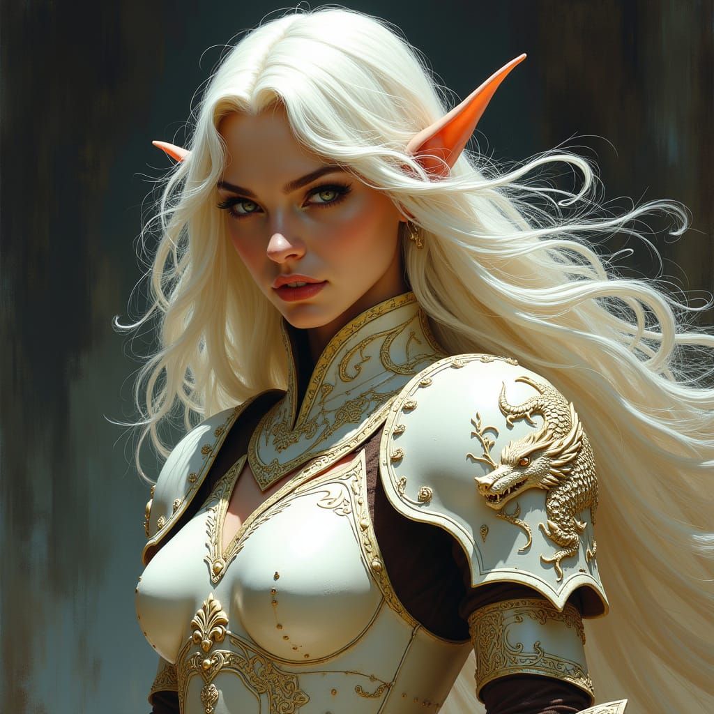 Elven Warrior in Ivory Dragon Mail, Evil Smile