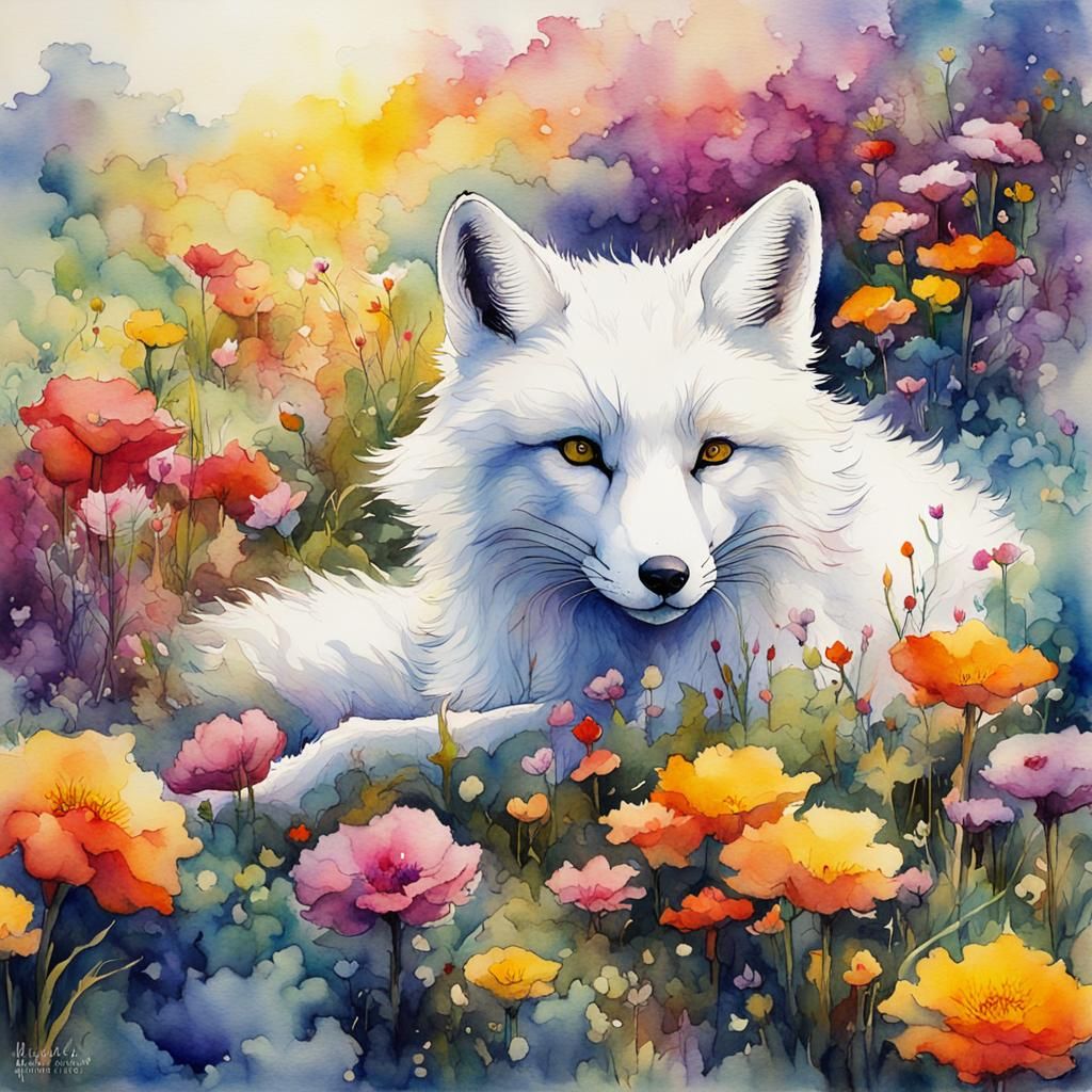White Fox in Flower Meadow, Watercolor Painting