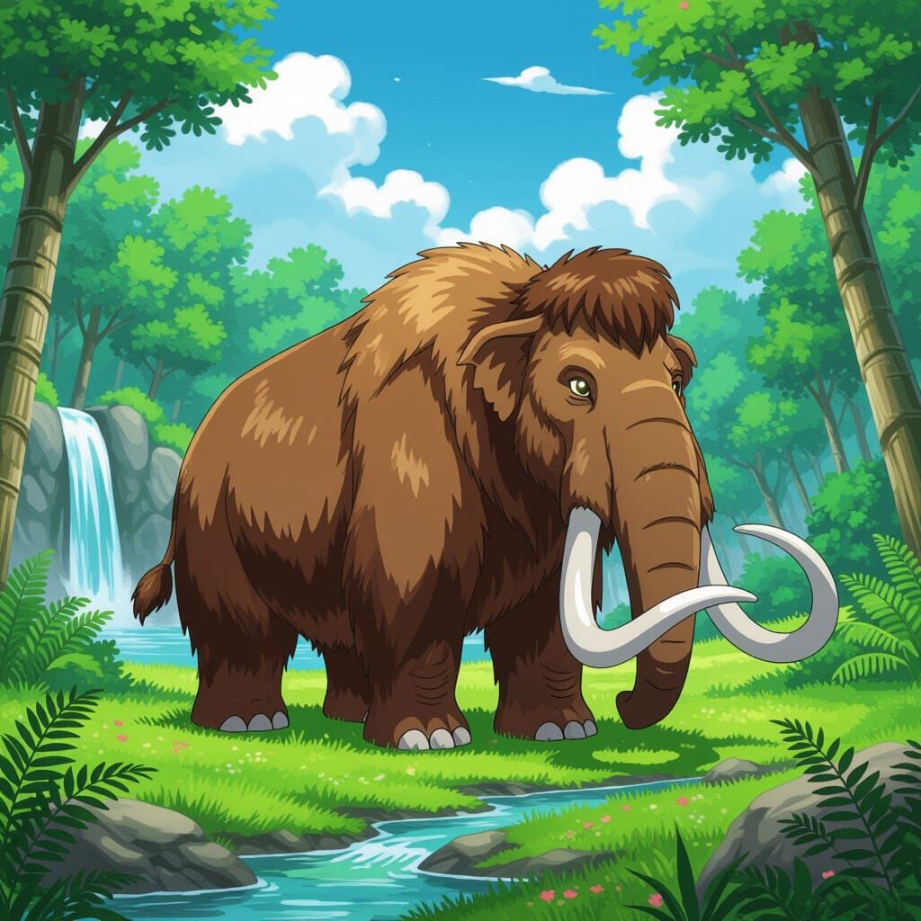 Woolly Mammoth Grazing in Prehistoric Meadow, Anime Style