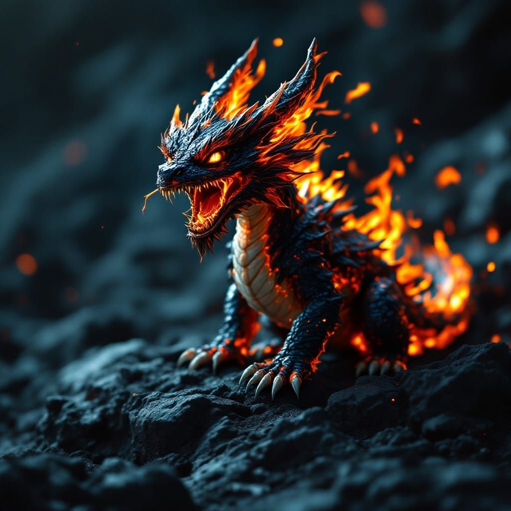 Fiery Baby Dragon Roaring on Charred Rocks