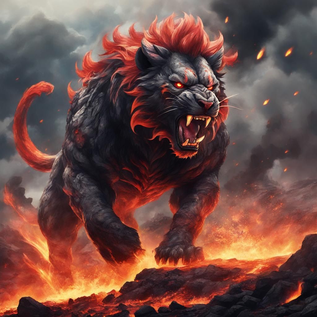 Giant Lion Roaring on Lava Battlefield