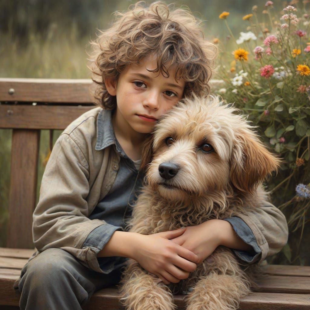 Boy and Dog in Whimsical Oil Painting