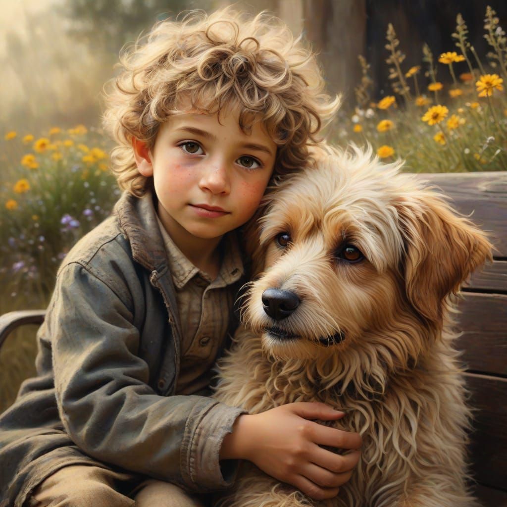 Boy and Dog Embrace, Whimsical Oil Painting