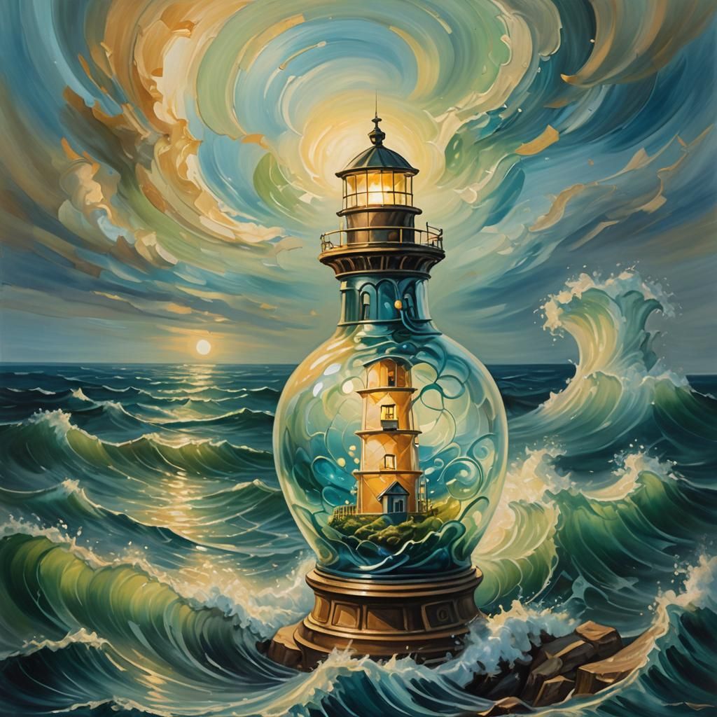 Surreal Lighthouse Lamp Emitting Waves, as Oil Painting