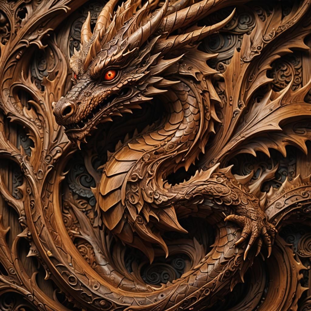 Detailed Wood Carving of a Dragon