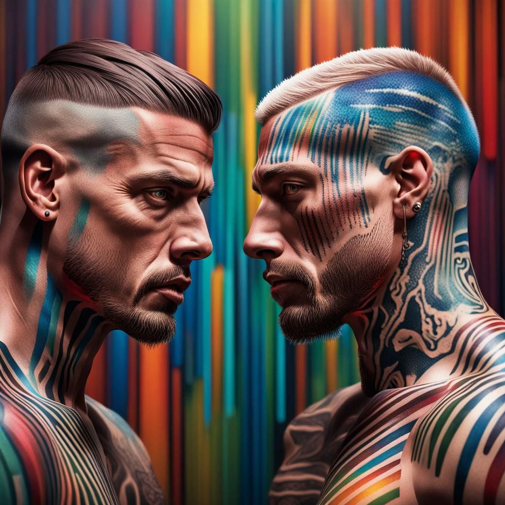 Abstract Hyperrealistic Muscle Couple with Barcode Tattoos