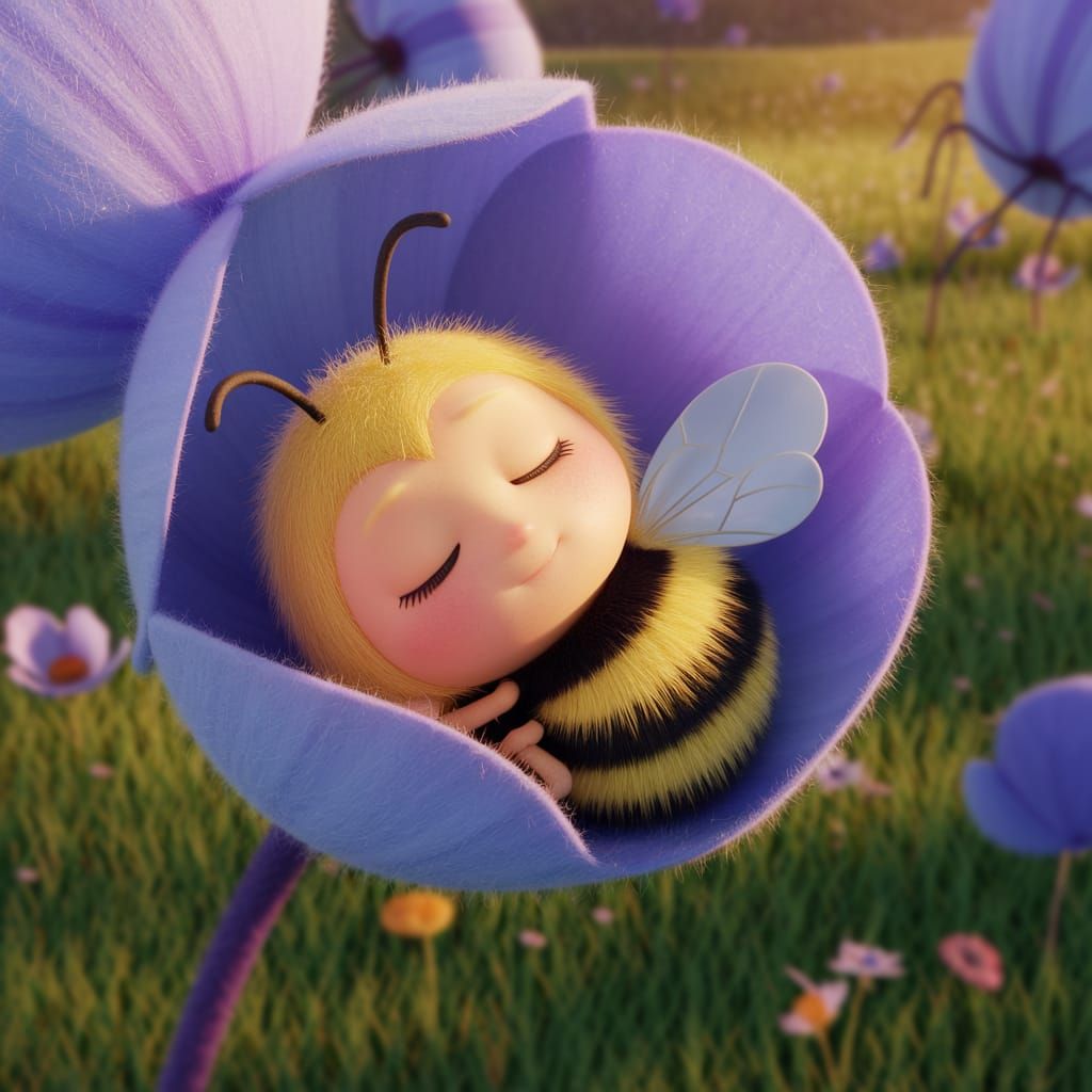 Sleepy Bumblebee in Blue Flower, Disney Pixar Style