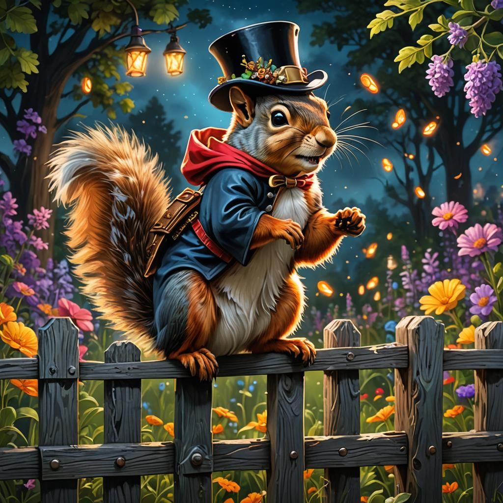 Squirrel in Tophat in a Fantastical Garden