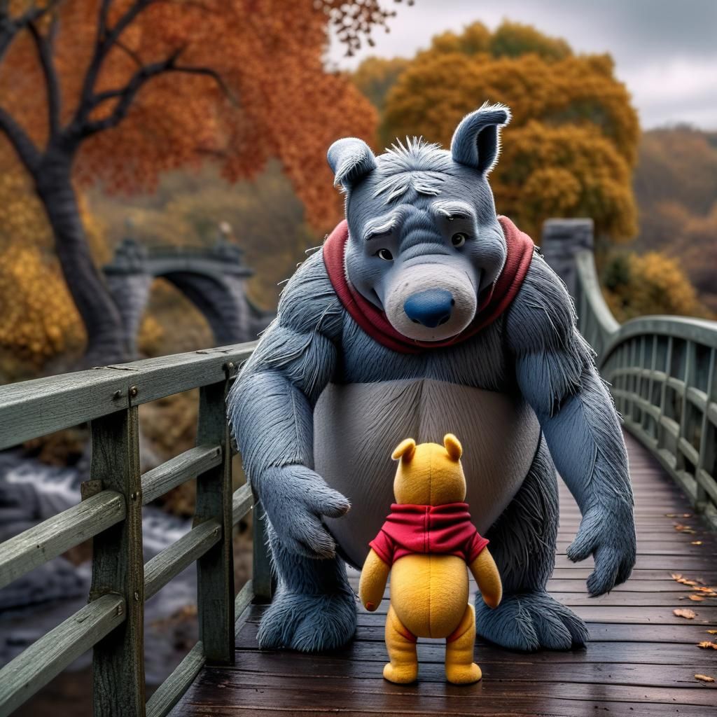 Winnie the Pooh and Eeyore on Autumn Bridge
