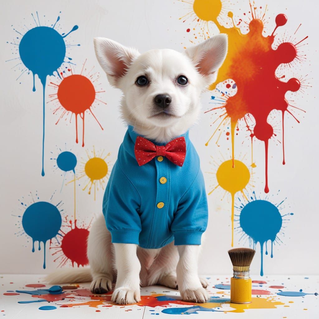 Whimsical White Puppy Paints a Masterpiece