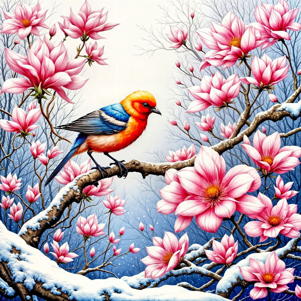 <lora:pabhari-flux:1.0> <lora:PinkSnowWatercol1-Fb:1.0> Beautiful fantasy bird by Brian Fround, ethereal, shimmery, glim...