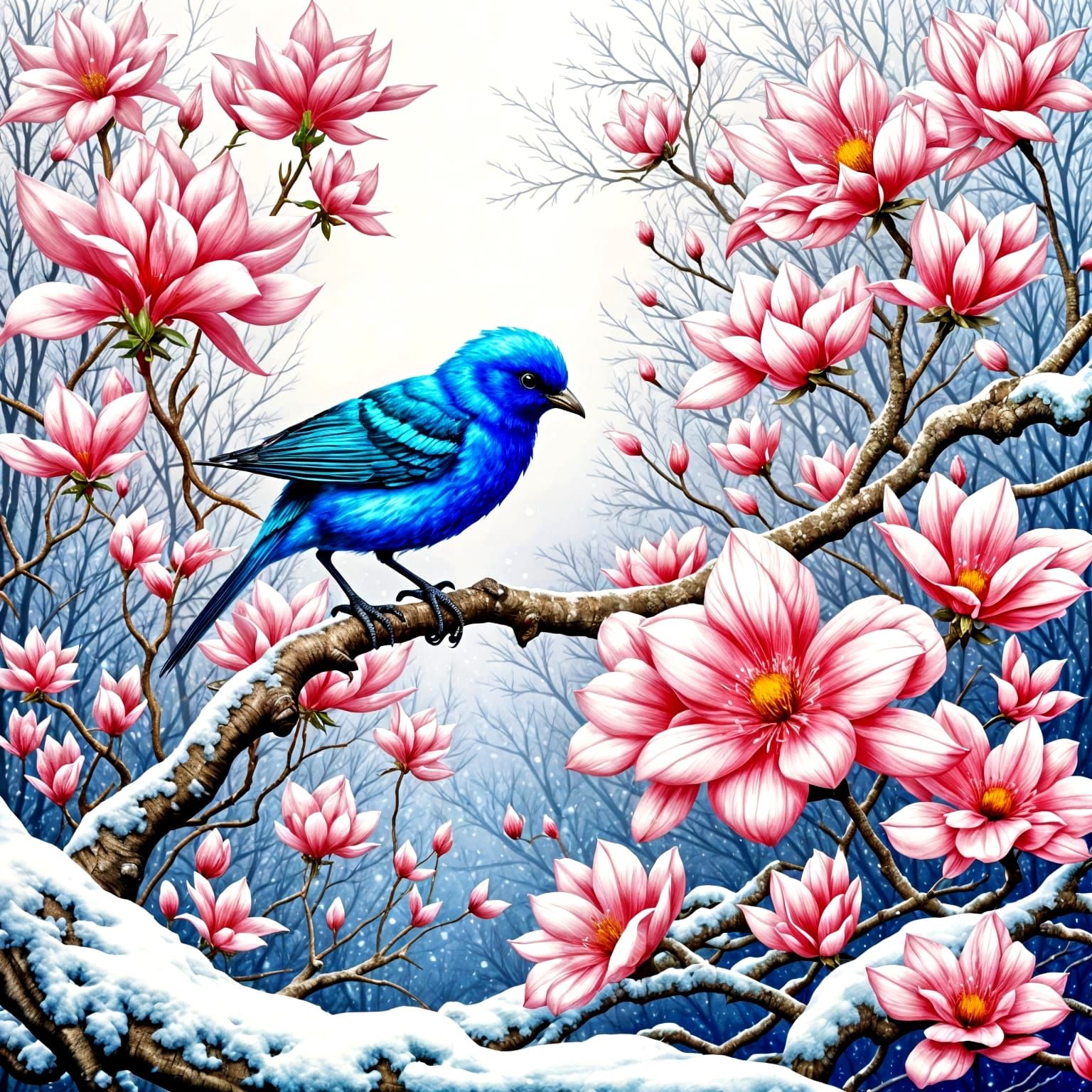 <lora:pabhari-flux:1.0> <lora:PinkSnowWatercol1-Fb:1.0> Beautiful fantasy bird by Brian Fround, ethereal, shimmery, glim...