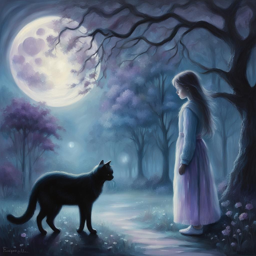 Ethereal Ghost Girl with Black Cat Oil Painting