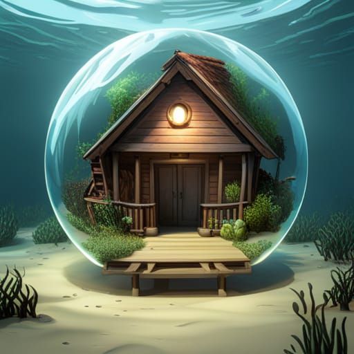 Underwater Cottage in Bubble with Coral: Fantasy Art