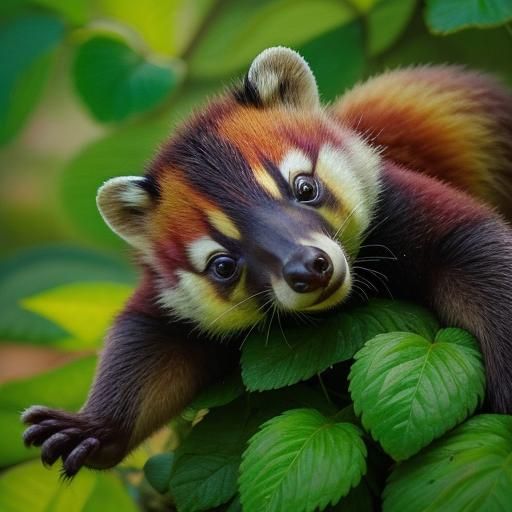 Coati Reaching for Strawberry in Oil Painting Style