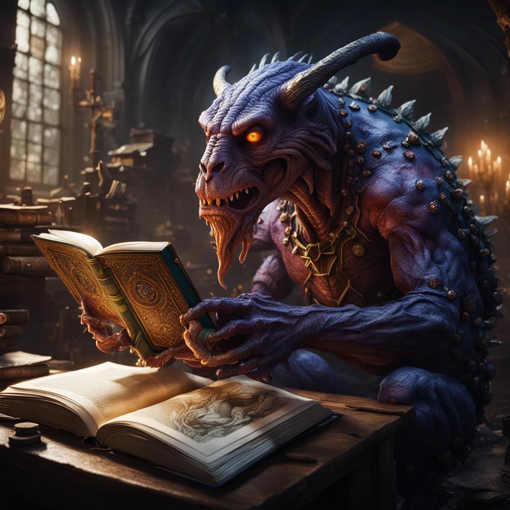 Fantastical Creature Reads a Book: Detailed Matte Painting