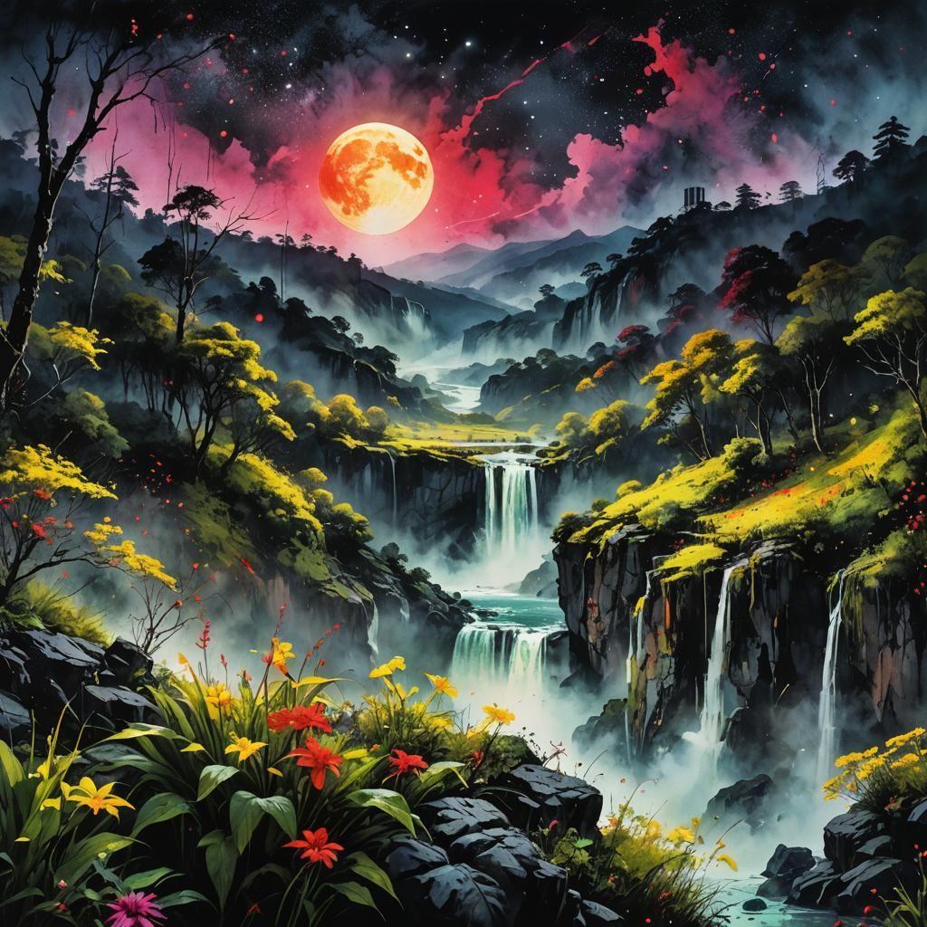 a beautiful moon, a summerscape in the background, with beautiful rivers, waterfalls, flowers, mist...