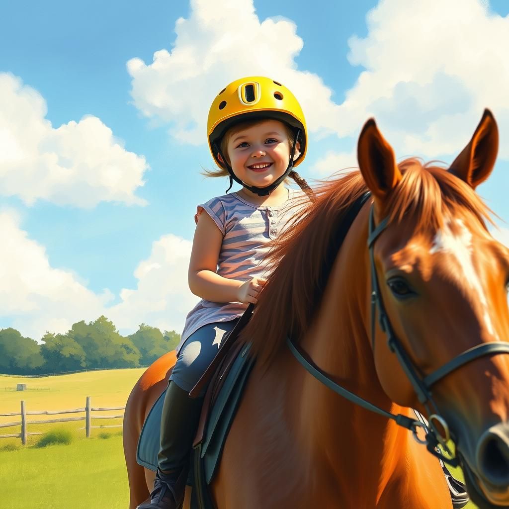 Girl with Down Syndrome Horse Riding in Impressionist Style