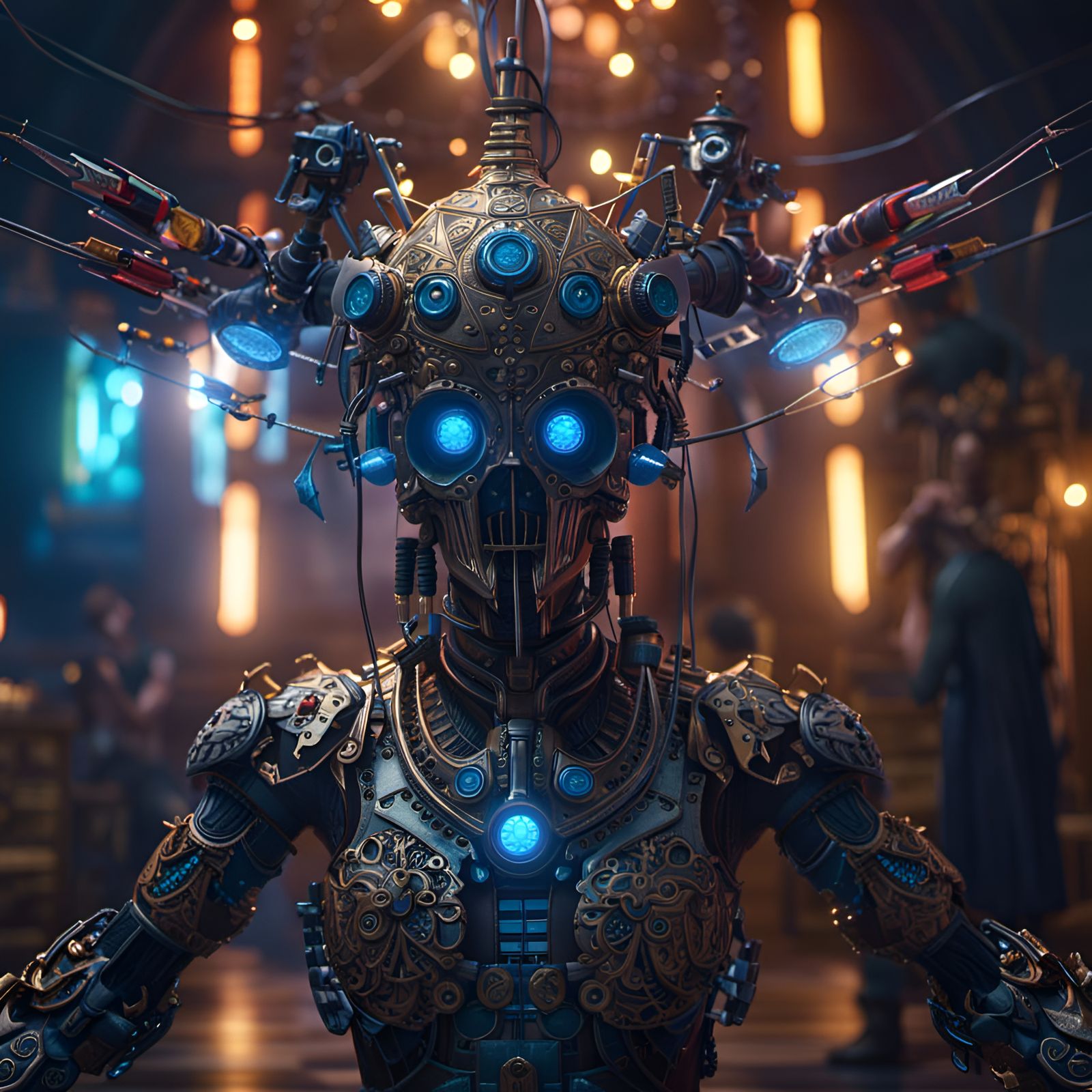 Electrifying Humanoid Figure in Digital Watercolor