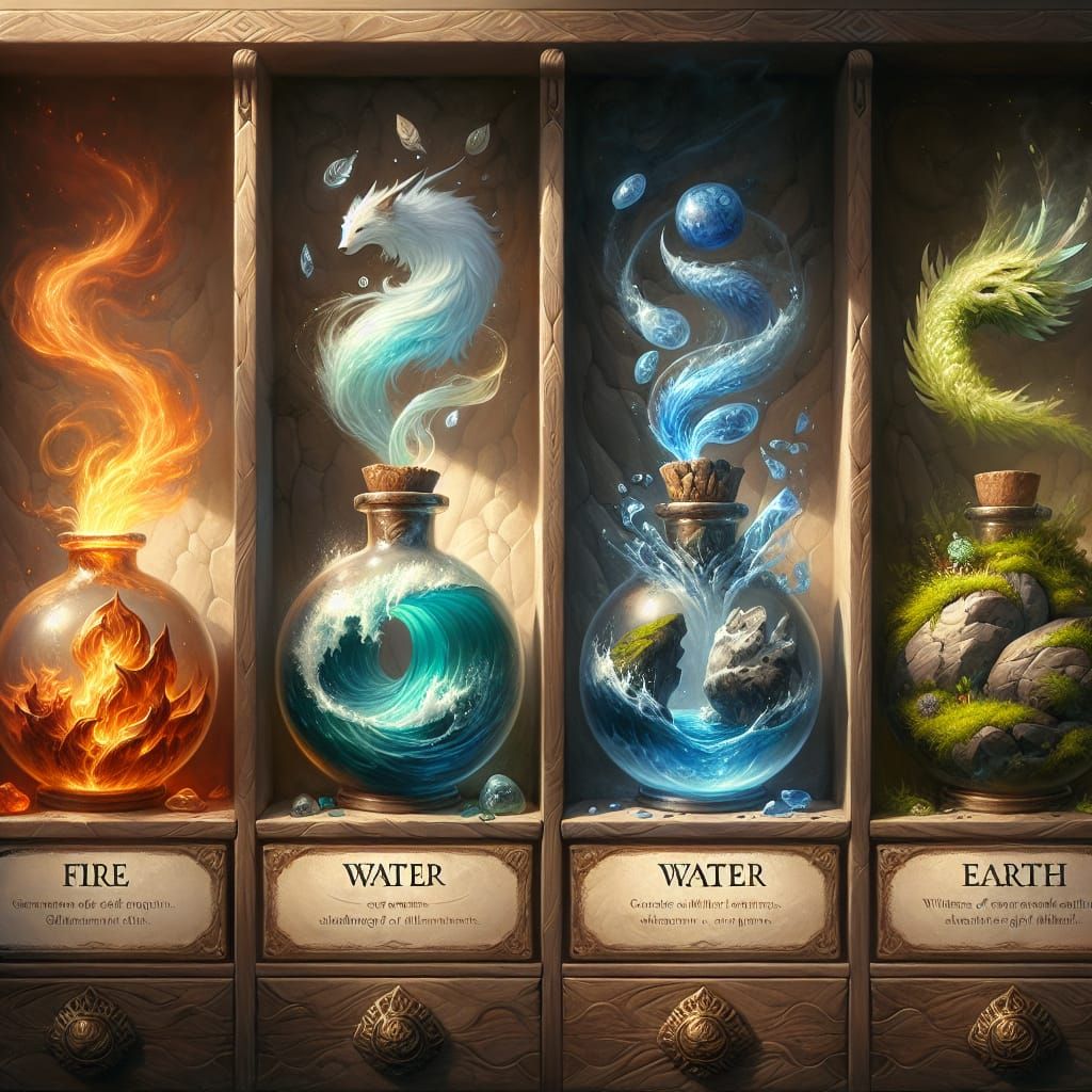 Fantastical Shelf of Elemental Creatures in Matte Painting S...