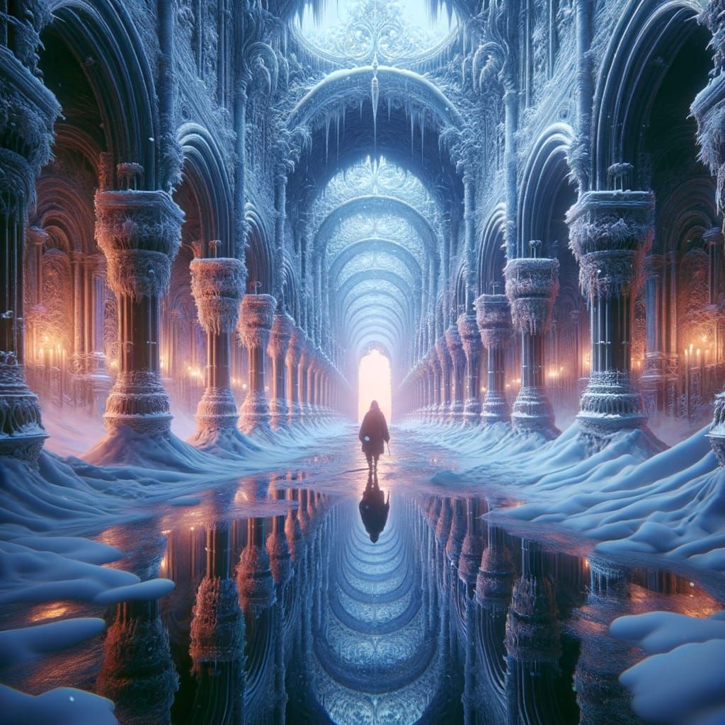 Symmetrical Snowy Corridor in Detailed Matte Painting