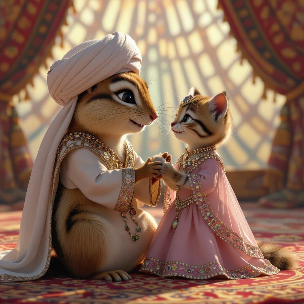 Chipmunk Sheik with Kitten in Ornate Tent: 3D Digital Art