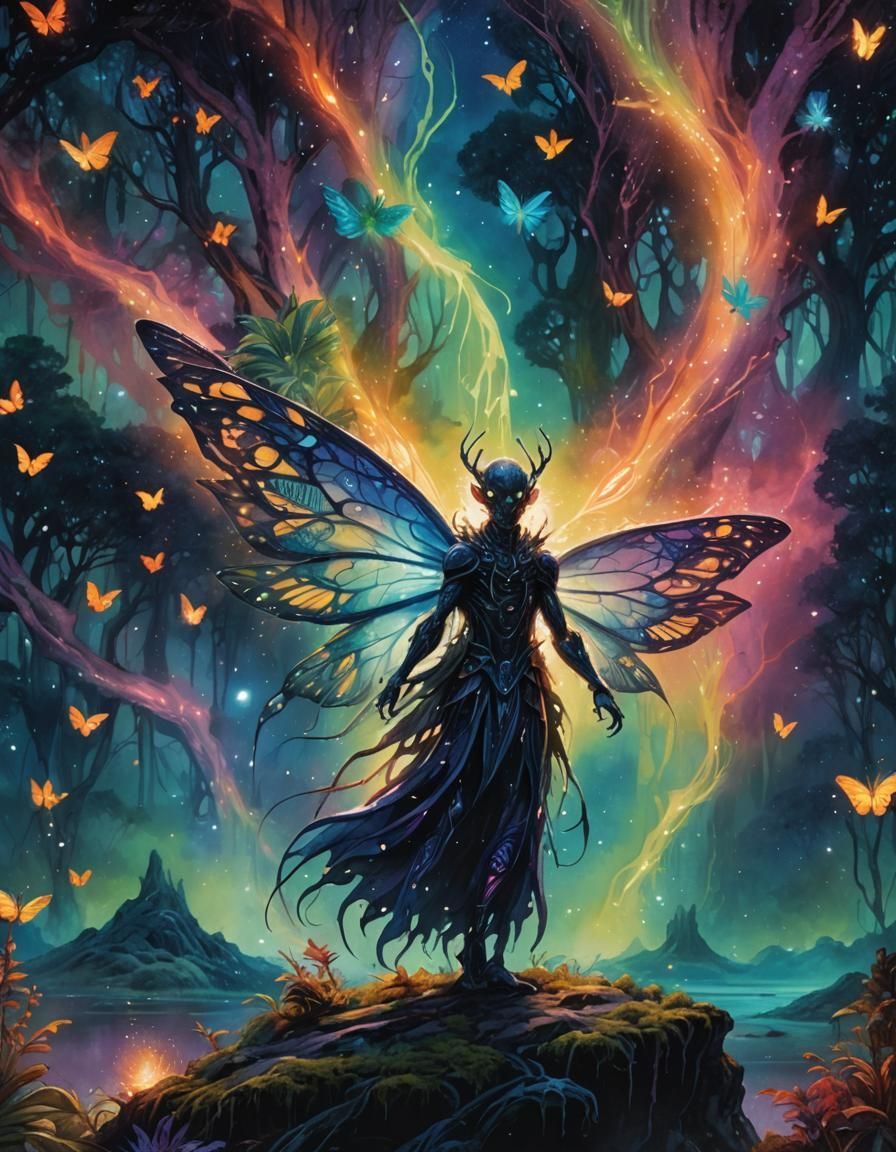 Alien Fairy in Bioluminescent Swamp, Watercolor Art