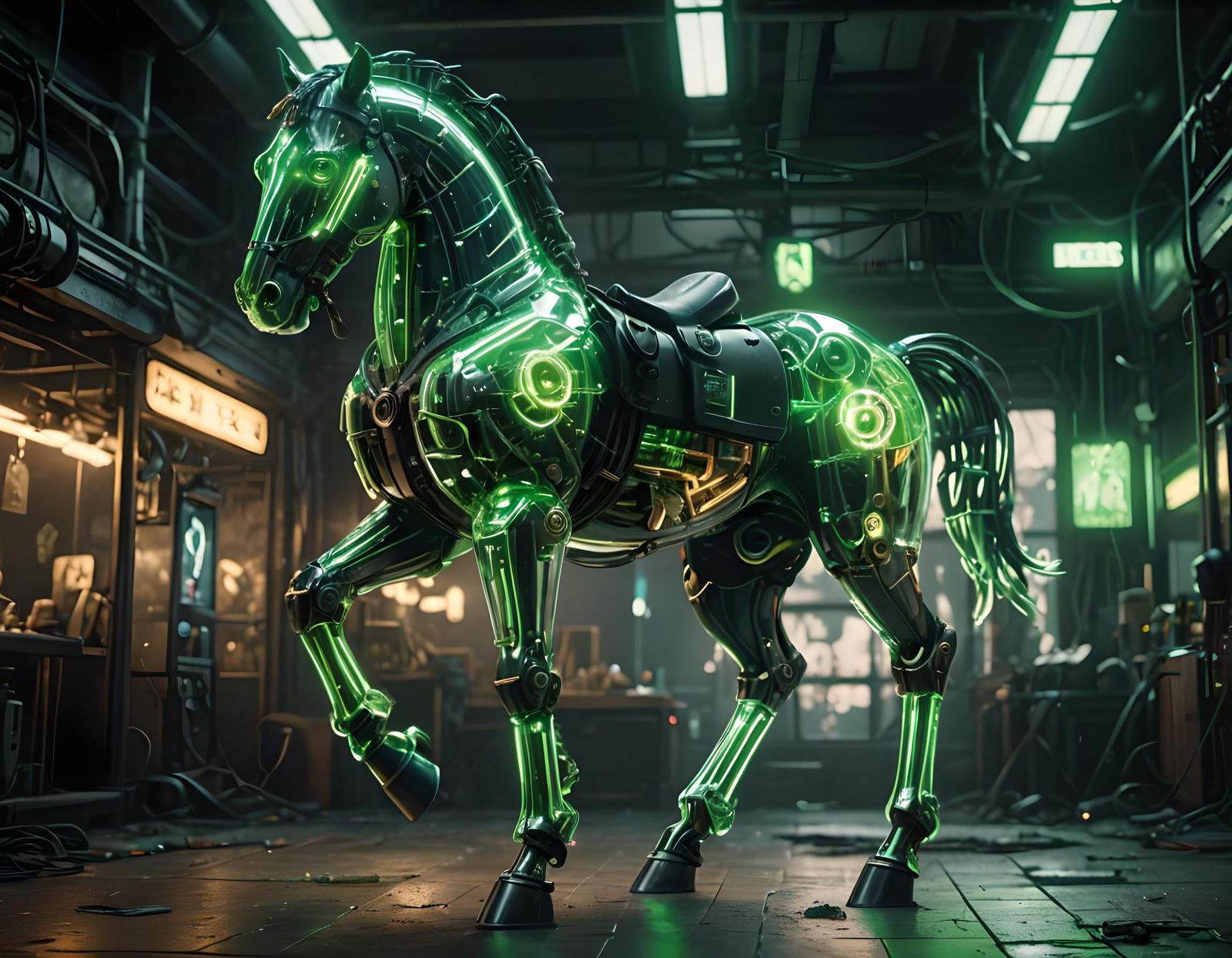 Cyberpunk Mechanical Horse Rearing Up, Green Glow