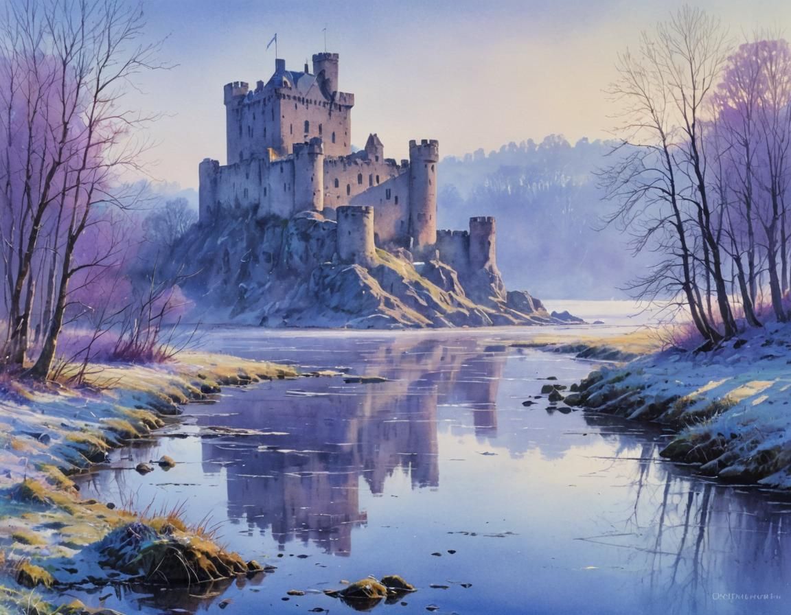 Frosty Castle Ruins Emerge from Morning Mist in Watercolor