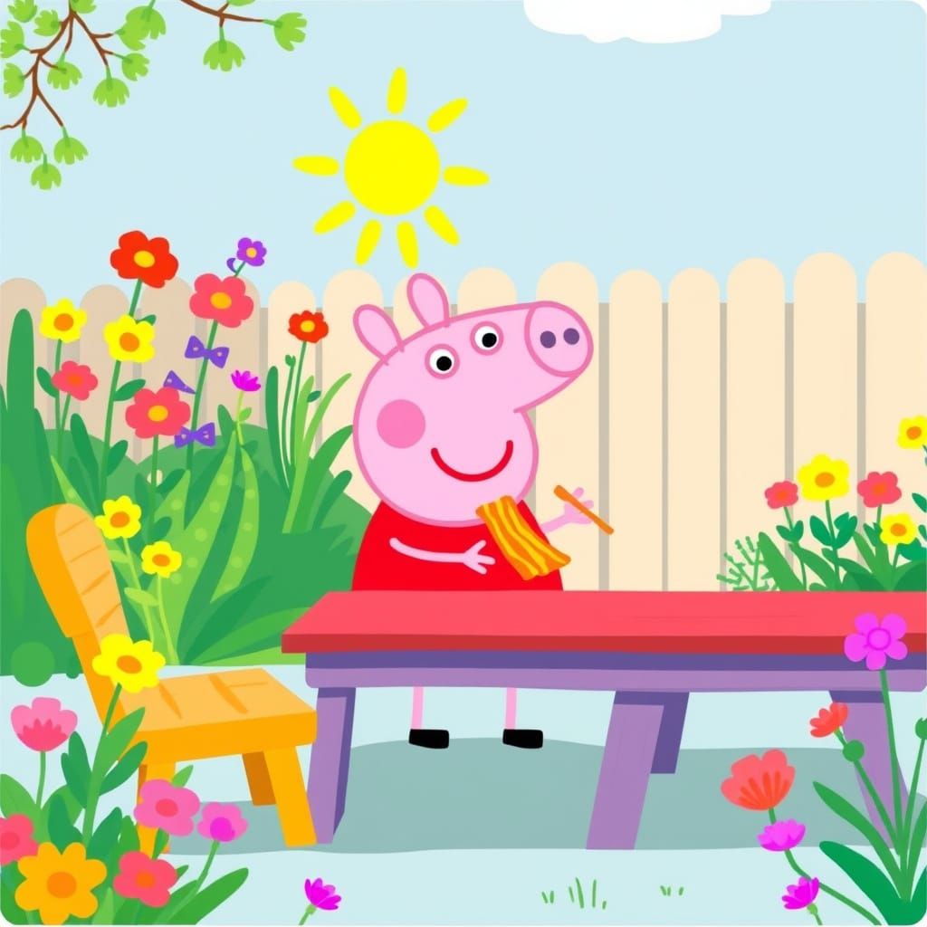 Peppa Pig Enjoys Bacon in Garden
